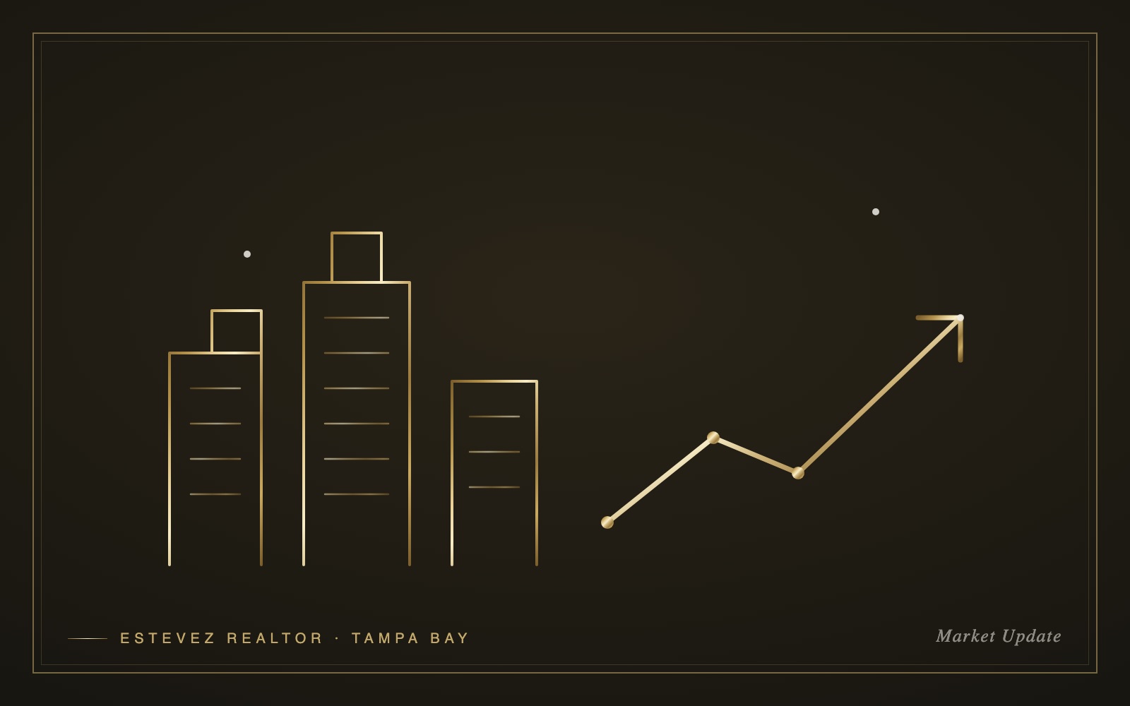 Gold line-art illustration of the Tampa skyline with a rising market trend line