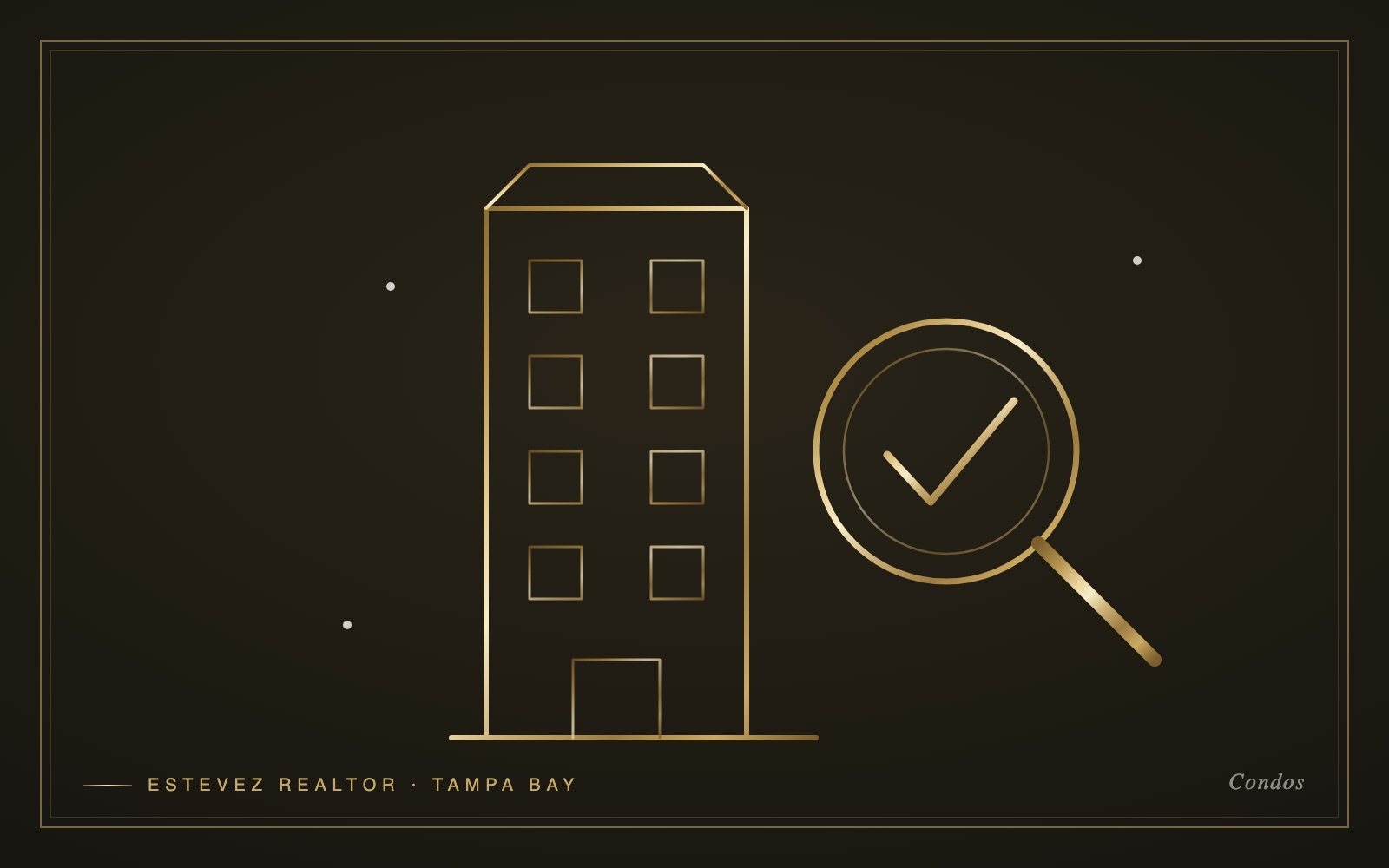 Gold line-art illustration of a condo tower with a magnifying glass and checkmark — inspection concept