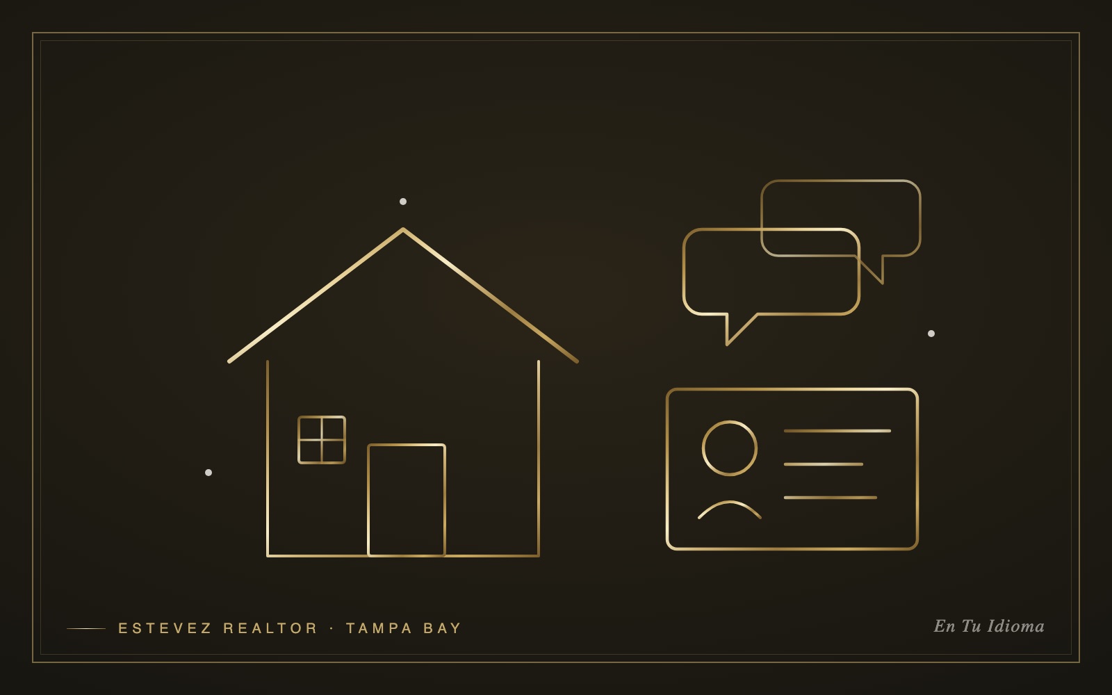 Gold line-art illustration of a house, an ID card and two speech bubbles — buying a home with an ITIN, in English or Spanish