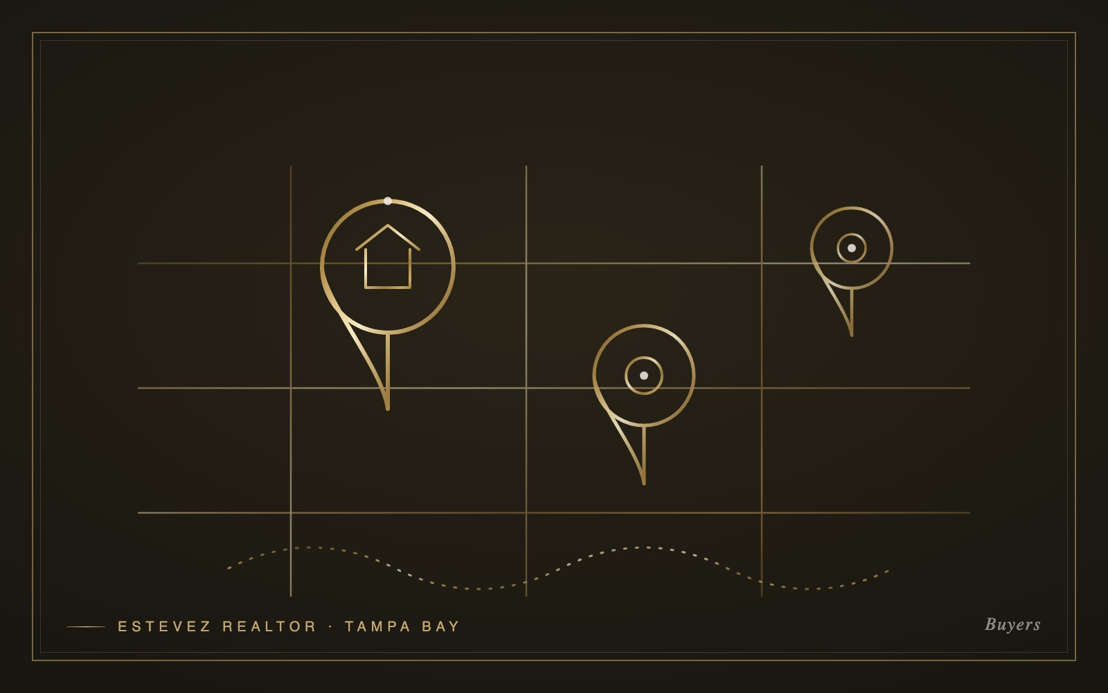 Gold line-art illustration of a neighborhood map with location pins and a home