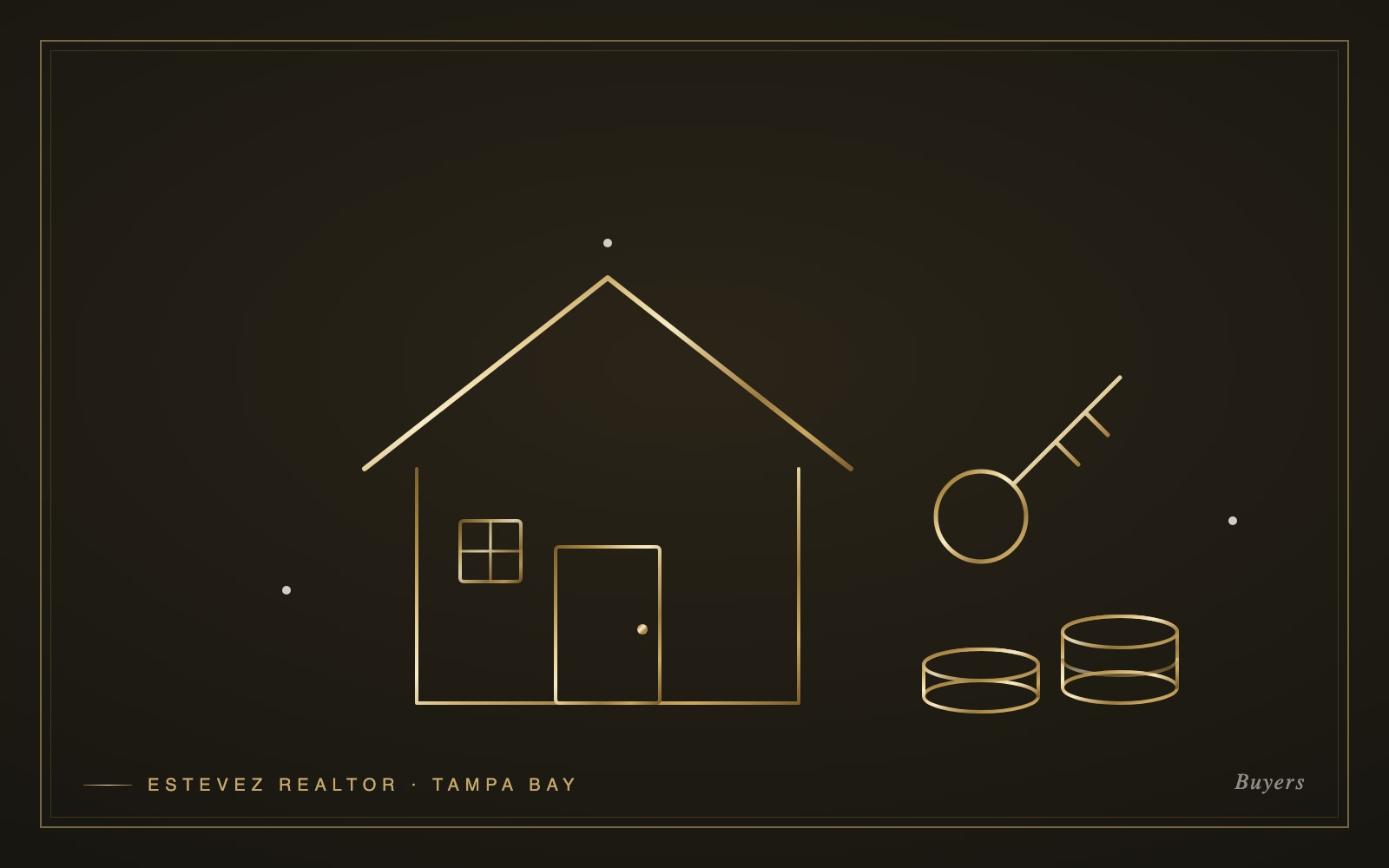 Gold line-art illustration of a house with a key and stacked coins — down payment concept