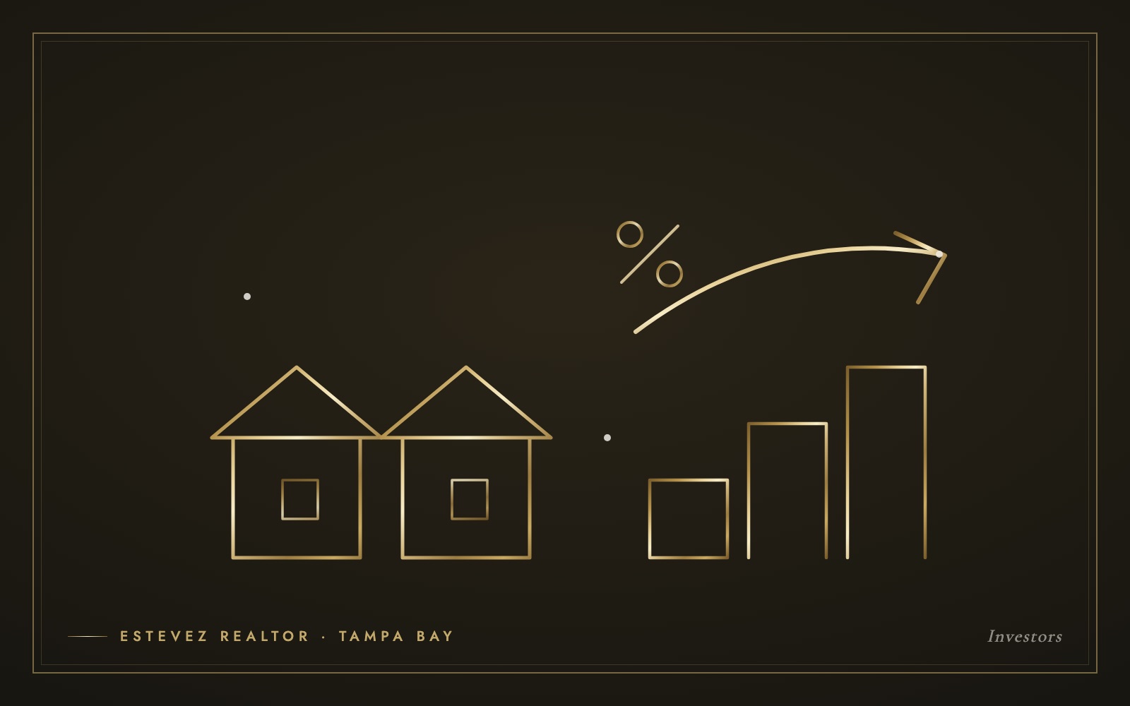 Gold line-art illustration of duplex homes, a rising bar chart, percent sign and growth arrow