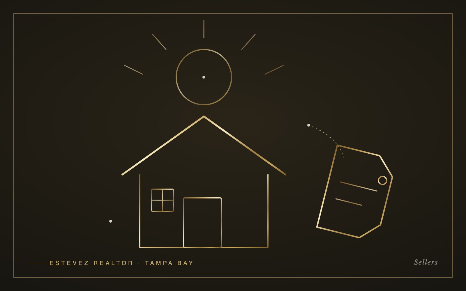 Gold line-art illustration of a home under a radiant sun with a price tag — selling for top dollar