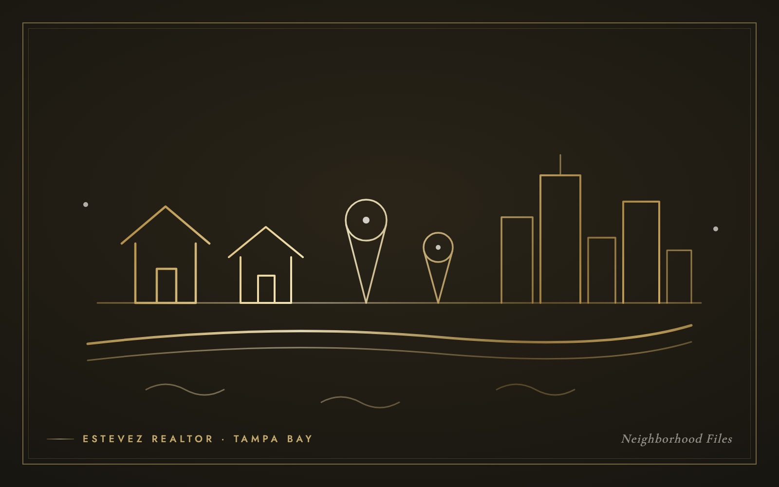 Gold line-art illustration of South Tampa bungalows, two map pins and the downtown Tampa skyline above the Bayshore waterfront
